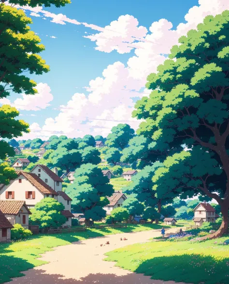 a colourful ultradetailed anime illustration of a fields and villages, river, sky, summer, by ghibli, makoto shinkai, bright and transparent animation style, anime art wallpaper 4k, trending on artstation