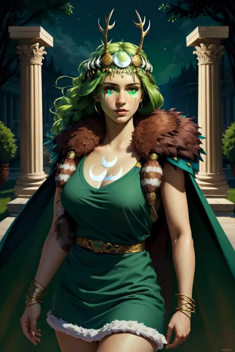 masterpiece, best quality, artemis, (green skin:1.1), fake horns, facepaint, fur cape, green dress, fur trim, upper body, sandals, standing, wide shot, greek architecture, night, darkness, looking at viewer <lora:artemis-nvwls-v1-000012:0.9>