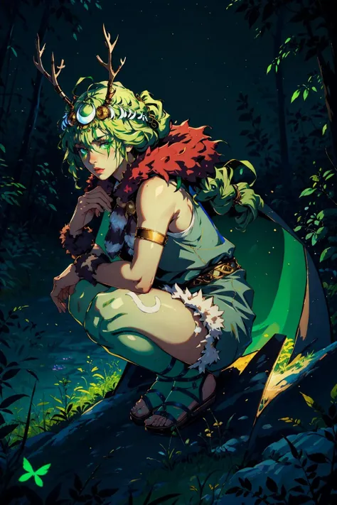 masterpiece, best quality, artemis, (green skin:1.1), fake horns, facepaint, fur cape, green dress, fur trim, sandals, from side, crouching, from above, forest, night, fireflies, looking at viewer <lora:artemis-nvwls-v1-000012:0.9>