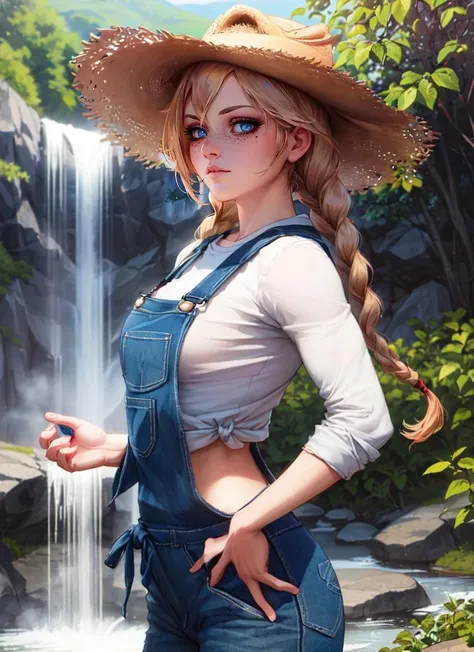 ((best quality)), ((highly detailed)), masterpiece, (detailed eyes, deep eyes), (1girl), from the side, cowboy shot, country girl, long hair, low twin braids, freckles, muscular, cowboy hat, overalls, plaid shirt, tied shirt, midriff, on a farm, (at a waterfall, midday), <lora:Stanley Lau:.8>