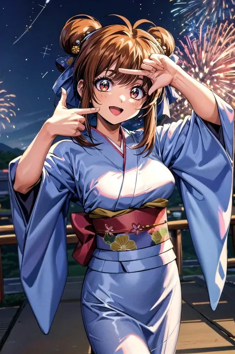 (masterpiece, best quality, detailed), 1girl, solo, looking at viewer, nanakn, 1990s (style), retro artstyle, hair ribbon,
yukata, kimono, obi, print kimono, japanese clothes, fireworks, aerial fireworks, festival, night sky, <lora:finger_frame_final:0.8>, finger frame, smile, open mouth