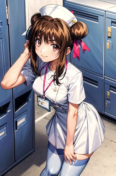 (masterpiece, best quality, detailed), 1girl, solo, looking at viewer, nanakn, 1990s (style), retro artstyle, hair ribbon,
nurse, nurse uniform, white thighhighs, nurse cap, id card, white dress, locker room, locker, indoors, bench, leaning forward, adjusting hair, hand in own hair, hand on own thigh, from above, smile, closed mouth, smug, v-shaped eyebrows