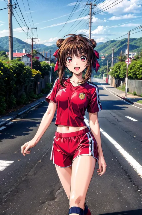(masterpiece, best quality, detailed), 1girl, solo, looking at viewer, nanakn, 1990s (style), retro artstyle, hair ribbon,
<lora:Soccer Uniform By Stable Yogi:0.5>, soccer uniform, road, utility pole, guard rail, road sign, power lines, hill, railing, scenery, outdoors, mountainous horizon, landscape, waving, hand up, arm up, walking, smile, open mouth