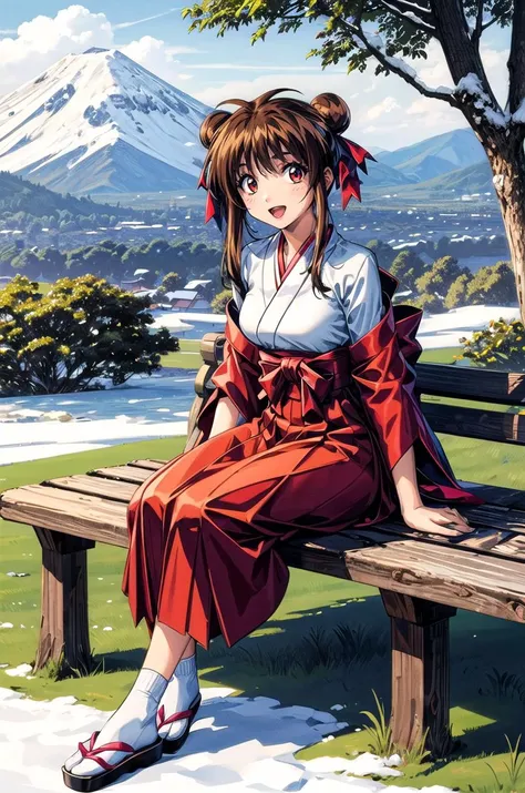 (masterpiece, best quality, detailed), 1girl, solo, looking at viewer, nanakn, 1990s (style), retro artstyle, hair ribbon,
miko, japanese clothes, red hakama, wide sleeves, white kimono, ribbon trim, hip vent, hakama skirt, outdoors, winter, mountain, snow, bare tree, scenery, sitting on bench, on bench, bench, sitting, full body, smile, open mouth