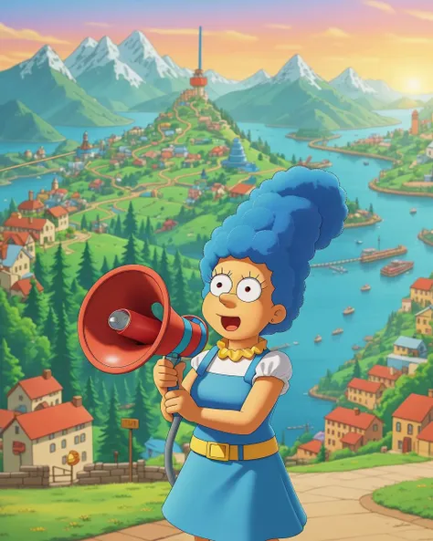 Marge Simpson holding a megaphone in her hand with her town in the background   <lora:SD15-Megaphone-LoRA:0.8>