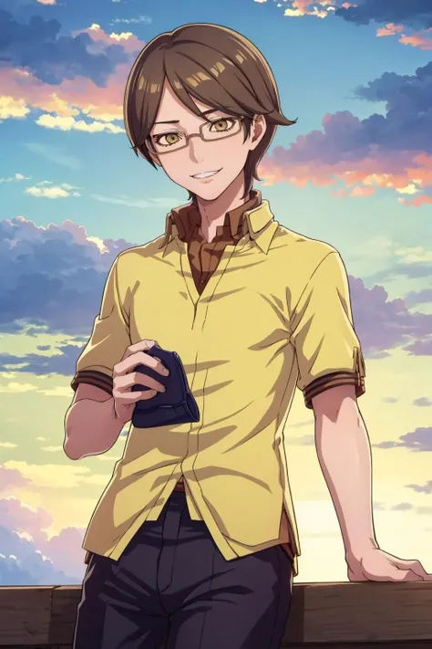 masterpiece, best quality, 1boy, smile, solo, looking at viewer, <lora:Keisuke_Fp:1>, keisukedesu, yellow shirt, pants, glasses, <lora:FE-ENGAGE S Rank_Fp:1>, sunset, sky, clouds, adjusting eyewear,