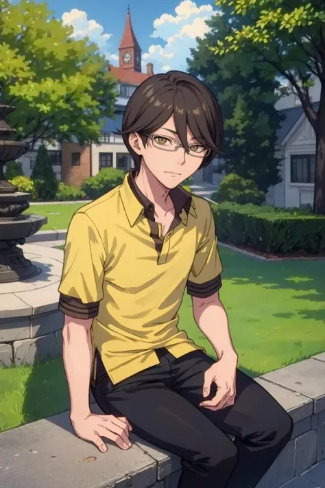 masterpiece, best quality, 1boy, solo, looking at viewer, <lora:Keisuke_Fp:1>, keisukedesu, yellow shirt, black pants, glasses, sitting, outdoors,
