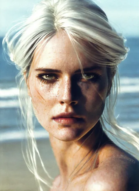 analog style, modelshoot style, photo of beautiful sks woman, hyper realistic photograph, detailed face,film grain, Kodak portra 800, f1.8, intricate, at the beach, <lora:locon_ciri_v1_from_v2_64_32:1.3>