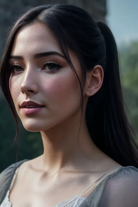 perfect cinematic shoot of a beautiful woman (EPD4n13l44zu4j3:.99), a woman standing at a castle ruin, perfect high ponytail, wearing sexy gray (shirt), (eclipse in background:1.2), (detailed background:1.1), (face focus), modelshoot style, (extremely detailed CG unity 8k wallpaper), professional majestic (photography by Roberto Ferri:1.1), 24mm, exposure blend, hdr, extremely intricate, High (Detail:1.1), dramatic, soft cinematic light, (looking at viewer), (detailed pupils),8k, highly detailed, rich environment, 4k textures, soft cinematic light, elegant, ((((cinematic look)))), soothing tones, insane details, hyperdetailed, ("In Jernau we trust!":1.1)