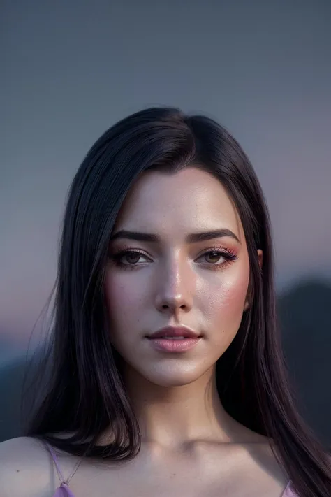 perfect cinematic shoot of a beautiful woman (EPD4n13l44zu4j3:.99), a woman standing at a mountain top, perfect high ponytail, wearing sexy purple (shirt), (blood moon in background:1.2), (detailed background:1.1), (face focus), modelshoot style, (extremely detailed CG unity 8k wallpaper), professional majestic (photography by Roberto Ferri:1.1), 24mm, exposure blend, hdr, extremely intricate, High (Detail:1.1), dramatic, soft cinematic light, (looking at viewer), (detailed pupils),8k, highly detailed, rich environment, 4k textures, soft cinematic light, elegant, ((((cinematic look)))), soothing tones, insane details, hyperdetailed, ("In Jernau we trust!":1.1)