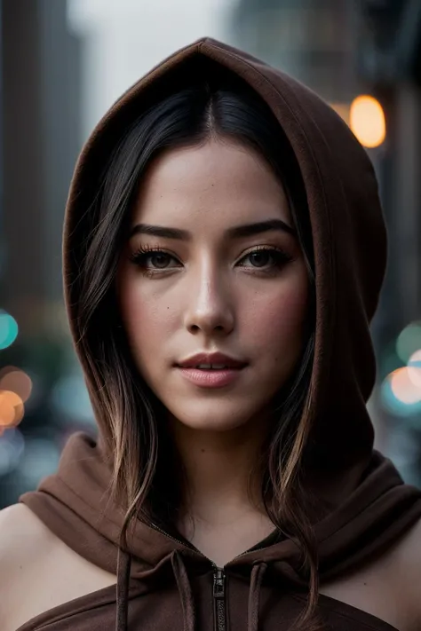 perfect cinematic shoot of a beautiful woman (EPD4n13l44zu4j3:.99), a woman standing at a (modest cyberpunk city), perfect top knot updo, wearing sexy (Wood Brown  hood :1.2), (people in background:1.1), (detailed background:1.1), (face focus), modelshoot style, (extremely detailed CG unity 8k wallpaper), professional majestic (photography by Cao Luning:1.1), 24mm, exposure blend, hdr, extremely intricate, High (Detail:1.1), dramatic, soft cinematic light, (looking at viewer), (detailed atmosphere), 8k, highly detailed, rich environment, 4k textures, soft cinematic light, elegant, ((((cinematic look)))), soothing tones, insane details, hyperdetailed,  ("Dreams into reality with SDKoh!":1.1), (epiCPhoto)
