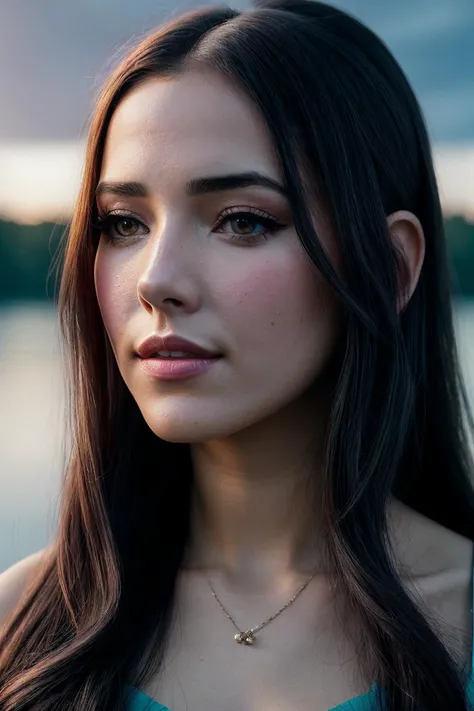 perfect cinematic shoot of a beautiful woman (EPD4n13l44zu4j3:.99), a woman standing at a lake shore, perfect high ponytail, wearing sexy teal (top), (eclipse in background:1.2), (detailed background:1.1), (face focus), modelshoot style, (extremely detailed CG unity 8k wallpaper), professional majestic (photography by Roberto Ferri:1.1), 24mm, exposure blend, hdr, extremely intricate, High (Detail:1.1), dramatic, soft cinematic light, (looking at viewer), (detailed pupils),8k, highly detailed, rich environment, 4k textures, soft cinematic light, elegant, ((((cinematic look)))), soothing tones, insane details, hyperdetailed, ("In Jernau we trust!":1.1)