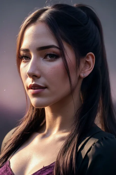 perfect cinematic shoot of a beautiful woman (EPD4n13l44zu4j3:.99), a woman standing at a forest edge, perfect high ponytail, wearing sexy purple (top), (blood moon in background:1.2), (detailed background:1.1), (face focus), modelshoot style, (extremely detailed CG unity 8k wallpaper), professional majestic (photography by Roberto Ferri:1.1), 24mm, exposure blend, hdr, extremely intricate, High (Detail:1.1), dramatic, soft cinematic light, (looking at viewer), (detailed pupils),8k, highly detailed, rich environment, 4k textures, soft cinematic light, elegant, ((((cinematic look)))), soothing tones, insane details, hyperdetailed, ("In Jernau we trust!":1.1)
