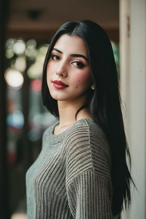 photo of (EPD4n13l44zu4j3:0.99), a woman, perfect flowing hair, posing, (vintage photo, vintage Slim Fit Sweater), (painted lips), (instagram frame), 24mm, (tintype), (analog, film, film grain:1.3), ((in Mumbai (Bombay), daylight, gritty)), ((detailed eyes)), (seductive pose), (epicPhoto)