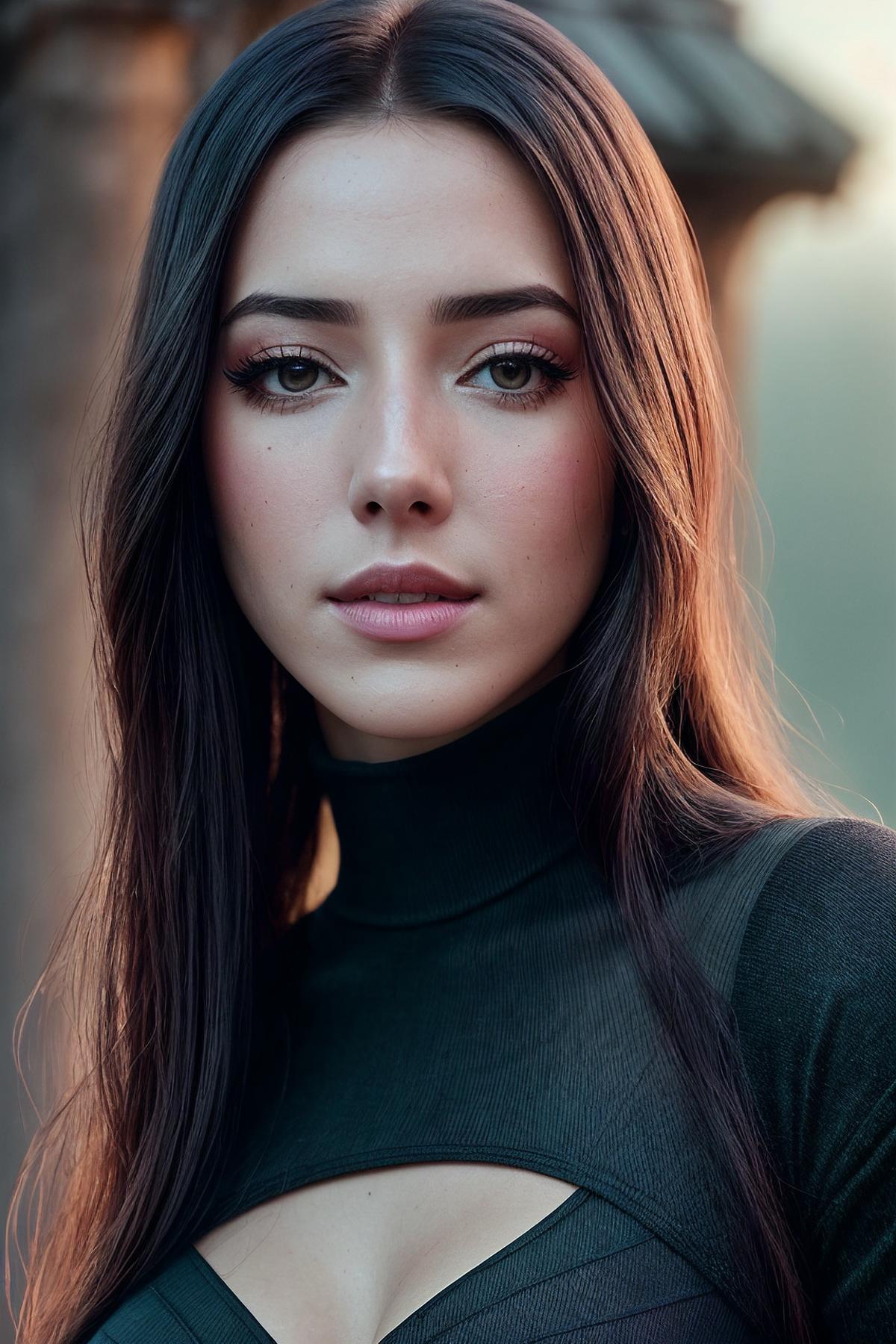 A close up of a woman with long hair wearing a black top - SeaArt AI