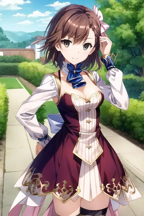 masterpiece, best quality, detailed face,(ultra hi res:1.2),(illustration:1.3),(game cg:1.2),(official concept art: 1.2),
(1girl:1.5),
kawaii,
(small breasts:1.1) ,
(slender),
BREAK
(nelke_cos:1.2),
<lora:nelke_cos_V1_5:0.8:MIDD>,
(cowboy shot:1.2),
hand on own head,
BREAK
white long sleeves, bow, skirt,blue thighhighs,
<lora:add_detail:0.5>
<lora:aCertainScientificRailgun4in1_v1:0.8>,
Misaka Mikoto,