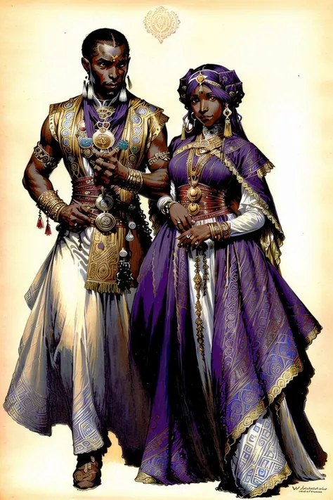 CCDWR illustration artwork with the ( Full body ) portrait of a beautiful ( african ) couple of CCDWR characters ( wearing stamped white fur outfit with red rope belt and golden tassel fringes ) , CCDWR concept [ art | character design | costume design | fashion design ] ( in ( colorful victorian nouveau ) CCDWR artstyle [ ( by Victo Ngai ) | by James Jean ] inspired ( by Alphonse Mucha ) )