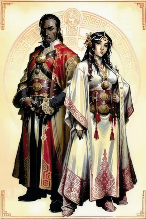 CCDWR illustration artwork with the ( Full body ) portrait of a beautiful ( chinese ) couple of CCDWR characters ( wearing stamped white fur outfit with red rope belt and golden tassel fringes ) , CCDWR concept [ art | character design | costume design | fashion design ] ( in ( colorful victorian nouveau ) CCDWR artstyle [ ( by Victo Ngai ) | by James Jean ] inspired ( by Alphonse Mucha ) )