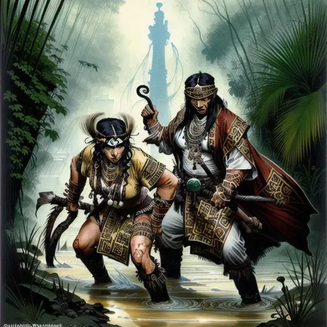 CCDWR illustration artwork with a ( Full body ) portrait of a beautiful couple of Indigenous [ weretigers | tiger warriors ] with perfect [ anatomy | silhouette ] and perfect [ solid drawing | body shape | physique ] while crossing a [ flooded | swampy ] [ cemetery | mangroove | marsh ] in the middle of a gloomy jungle , CCDWR concept [ art | character design | costume design | fashion design ] in ( colorful victorian nouveau ) CCDWR artstyle [ ( by Victo Ngai ) | by James Jean ] and [ ( by Daniel Merriam ) | by Anne Bachelier | by Gustave Dore ] inspired ( by Alphonse Mucha )