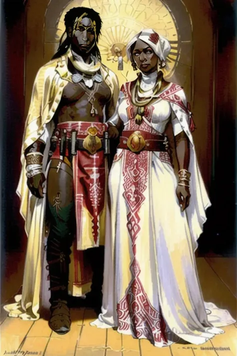 CCDWR illustration artwork with the ( Full body ) portrait of a beautiful ( african ) couple of CCDWR characters ( wearing stamped white fur outfit with red rope belt and golden tassel fringes ) , CCDWR concept [ art | character design | costume design | fashion design ] ( in ( colorful victorian nouveau ) CCDWR artstyle [ ( by Victo Ngai ) | by James Jean ] inspired ( by Alphonse Mucha ) )