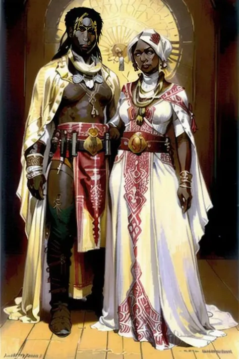 CCDWR illustration artwork with the ( Full body ) portrait of a beautiful ( african ) couple of CCDWR characters ( wearing stamped white fur outfit with red rope belt and golden tassel fringes ) , CCDWR concept [ art | character design | costume design | fashion design ] ( in ( colorful victorian nouveau ) CCDWR artstyle [ ( by Victo Ngai ) | by James Jean ] inspired ( by Alphonse Mucha ) )