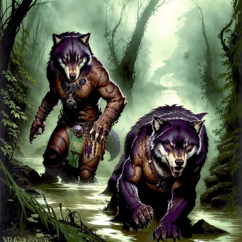 CCDWR illustration artwork with a ( Full  body  )  portrait  of  a  beautiful  couple of Indigenous anthropomorphic ( werewolf )  lycanthropes 
while crossing a  [ ( flooded ) | swampy ] [  ( cemetery ) | mangroove | marsh ]  in  the  middle of  a  gloomy jungle 
,

CCDWR concept [ art | character design | costume design | fashion design ]

in ( colorful victorian nouveau ) CCDWR artstyle 
[ ( by Victo Ngai ) | by James Jean  ] 
and [ ( by Daniel Merriam ) | by Anne Bachelier | by Gustave  Dore ]
inspired ( by Alphonse Mucha )