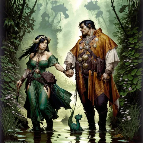 CCDWR illustration artwork with a ( Full  body  )  portrait  of  a  beautiful  couple 
with perfect [ anatomy | silhouette ] and perfect [ solid drawing | body shape  | physique ]
while crossing a  [ flooded | swampy ] [  cemetery | mangroove | marsh ]  in  the  middle of  a  gloomy jungle 
,

CCDWR concept [ art | character design | costume design | fashion design ]

in ( colorful victorian nouveau ) CCDWR artstyle 
[ ( by Victo Ngai ) | by James Jean  ] 
and [ ( by Daniel Merriam ) | by Anne Bachelier | by Gustave  Dore ]
inspired ( by Alphonse Mucha )