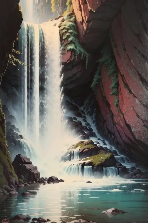 ((best quality)), ((masterpiece)), ((ultra realistic)), ((night)), award winning soft oil painting trending on artstation of a cascading rainbow waterfall, 
 <lora:jcjp:0.85>