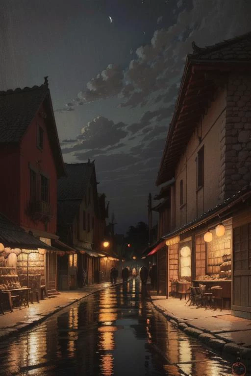 ((best quality)), ((masterpiece)), ((ultra realistic)), ((night)), award winning soft oil painting trending on artstation 
evocative, volumetric light, village at night
 <lora:jcjp:0.85>