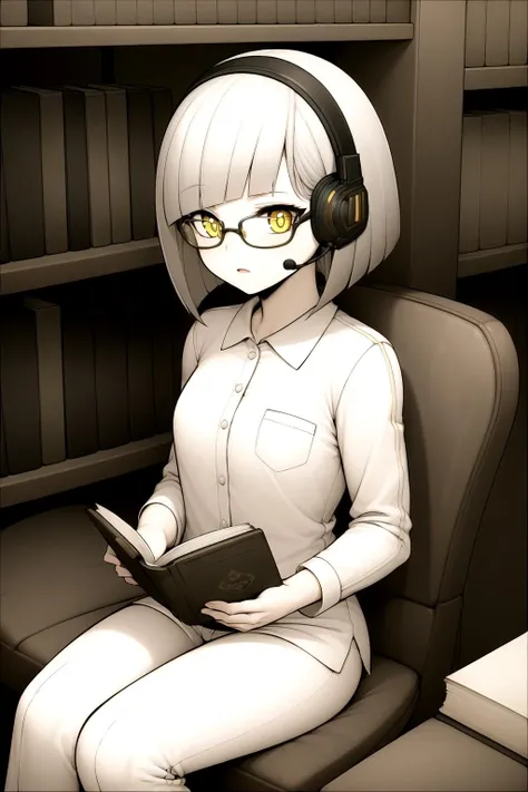 masterpiece, highly detailed, 1girl, nickel, silver hair, yellow eyes, headset, glasses, reading, sitting, short hair, library, books, holding book, pajamas, colorful, vivid, bright