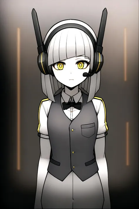 masterpiece, highly detailed, 1girl, nickel, silver hair, yellow eyes, headset, vest, short sleeves, bowtie, scifi, futuristic, metallic, circuitry, computer, circuit board background, electronic, colorful, office, labratory, screen, hologram