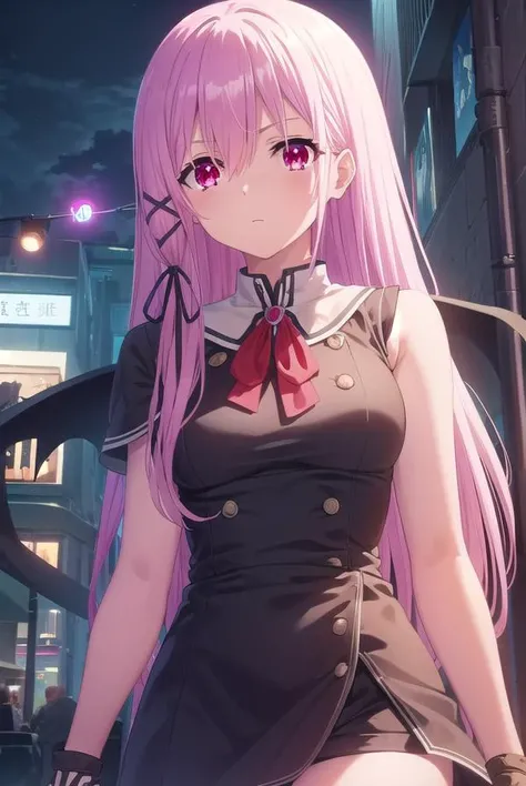 engagekisara, <lora:engage kisara s1-lora-nochekaiser:1>,
kisara, long hair, pink hair, (red eyes:1.3), hair between eyes, hair ornament, ribbon, hair ribbon,
BREAK thighhighs, gloves, dress, bow, ribbon, wings, sleeveless, black gloves, black dress, red bow, pink wings,
BREAK outdoors, city, sky, clouds, buildings, night, star \(sky\),
BREAK looking at viewer, (cowboy shot:1.5),
BREAK <lyco:GoodHands-beta2:1>, (masterpiece:1.2), best quality, high resolution, unity 8k wallpaper, (illustration:0.8), (beautiful detailed eyes:1.6), extremely detailed face, perfect lighting, extremely detailed CG, (perfect hands, perfect anatomy),