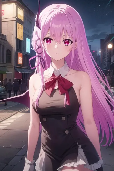 engagekisara, <lora:engage kisara s1-lora-nochekaiser:1>,
kisara, long hair, pink hair, (red eyes:1.3), hair between eyes, hair ornament, ribbon, hair ribbon,
BREAK thighhighs, gloves, dress, bow, ribbon, wings, sleeveless, black gloves, black dress, red bow, pink wings,
BREAK outdoors, city, sky, clouds, buildings, night, star \(sky\),
BREAK looking at viewer, (cowboy shot:1.5),
BREAK <lyco:GoodHands-beta2:1>, (masterpiece:1.2), best quality, high resolution, unity 8k wallpaper, (illustration:0.8), (beautiful detailed eyes:1.6), extremely detailed face, perfect lighting, extremely detailed CG, (perfect hands, perfect anatomy),
