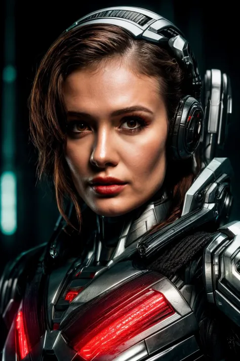 up close photo of slb, ((best quality)), ((masterpiece)), (detailed), Midjourney Style, close-up, woman, robot, red eyes, concept art, inspired by Marek Okon, digital art, Crysis Nanosuit, futuristic, (glowing elements:1.1), 4:3 aspect ratio, dynamic duo,  <lyco:ScarlettB-RealVision-V1.0:1.0>