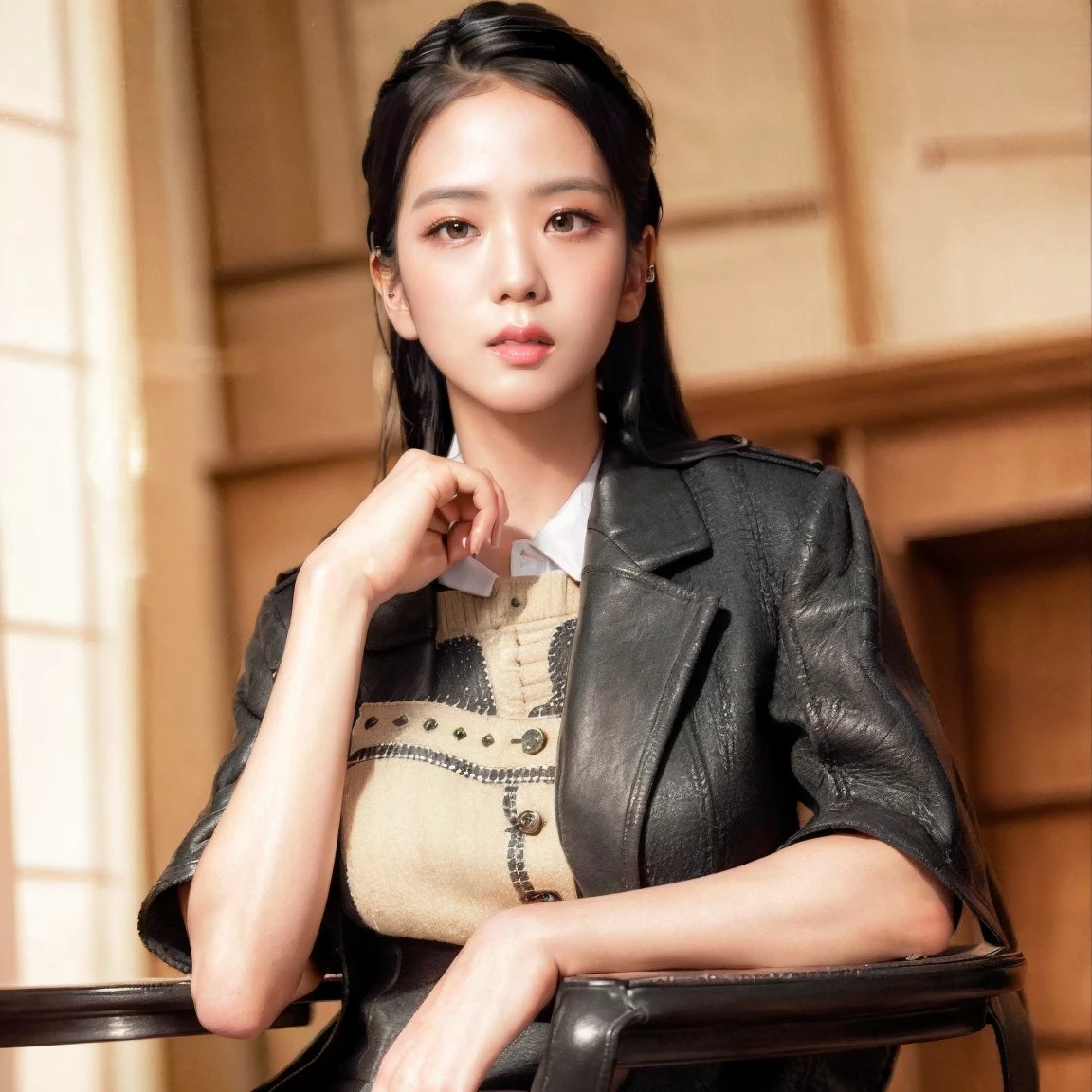 ((masterpiece)), best quality, extremely detailed face, ultra high res, (photorealistic:1.4), Amazing, finely detail, huge filesize, correct exposure, 1 girl, slender Body, 162cm height, (intricate details), SOLO, looking at the viewer, perfect lighting, realistic, lips, blush, shiny skin, fair skin, extremely detailed face, beautiful detailed eyes, (detail skin:1.2), depth of view,((school uniform, overcoat, leather shoes,)), full-body shot, sitting on the chair, presenting feet,
