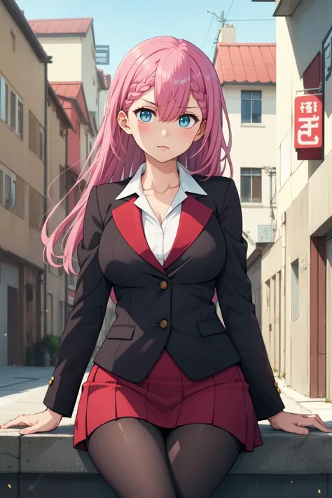 masterpiece, best quality, 1girl, solo, <lora:kirisu_mafuyu_v1:0.6>, kirisu mafuyu, long hair, pink hair, blue eyes, red skirt, jacket, hair between eyes, braid, skirt suit, long sleeves, black pantyhose, white shirt, brown pantyhose, collarbone, large breasts