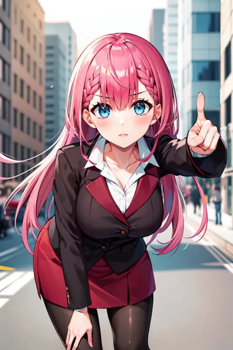 masterpiece, best quality, highres, mafuyu1, 1girl, solo, long hair, pink hair, blue eyes, red skirt, jacket, hair between eyes, braid, skirt suit, long sleeves, black pantyhose, white shirt, brown pantyhose, collarbone, large breasts, <lora:kirisu_mafuyu_v10:0.6>, reaching out, leaning forward, pointing, looking at viewer,