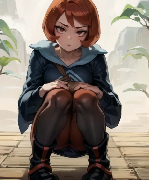 beautiful, masterpiece, best quality, extremely detailed face, perfect lighting, 1girl, solo,   <lora:PokeArezu:1>, arezu \(pokemon\), cowboy shot, squatting