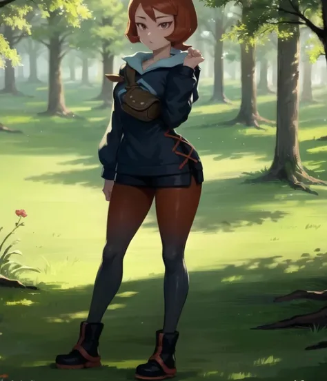 beautiful, masterpiece, best quality, extremely detailed face, perfect lighting, 1girl, solo, <lora:PokeArezu:1>, arezu \(pokemon\), full body, standing, outdoors, lake, sun rays, trees