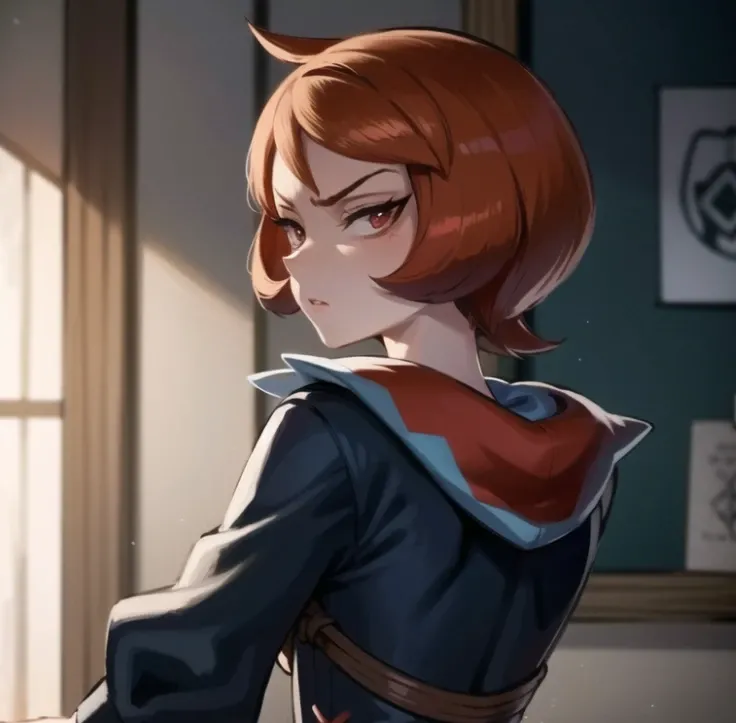 beautiful, masterpiece, best quality, extremely detailed face, perfect lighting, 1girl, solo, <lora:PokeArezu:1>, arezu \(pokemon\), from behind, angry, looking at viewer, looking back, upper body