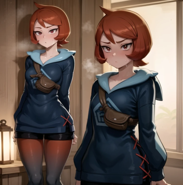 beautiful, masterpiece, best quality, extremely detailed face, perfect lighting, 1girl, solo, <lora:PokeArezu:1>, arezu \(pokemon\), standing, indoors, sauna, water, steam, sweat, sweatdrop