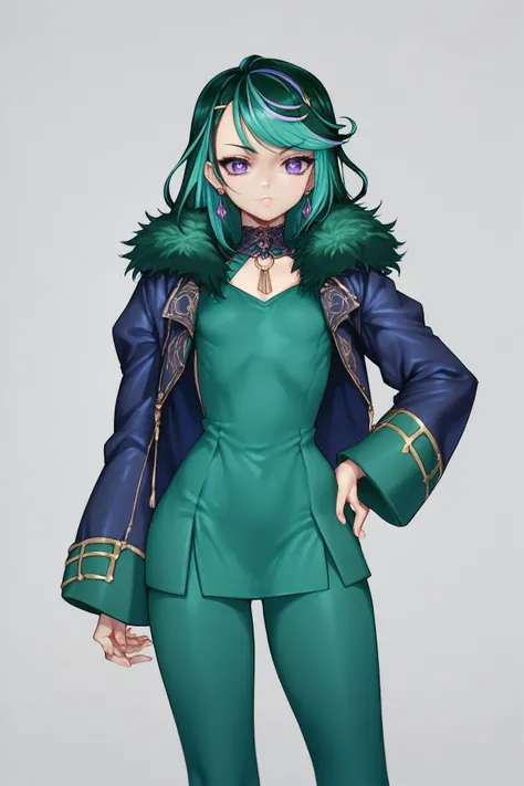 score_9, score_8_up, score_7_up, high resolution, 1girl, hands_on_hip, beautiful face, detailed pupils, aroused, split-color hair, single hair ring, side-swept bangs, purple eyes, small breasts, green fur-trimmed coat <lora:choco_(chocolate_shop)_PonyXL_style_v01:1>