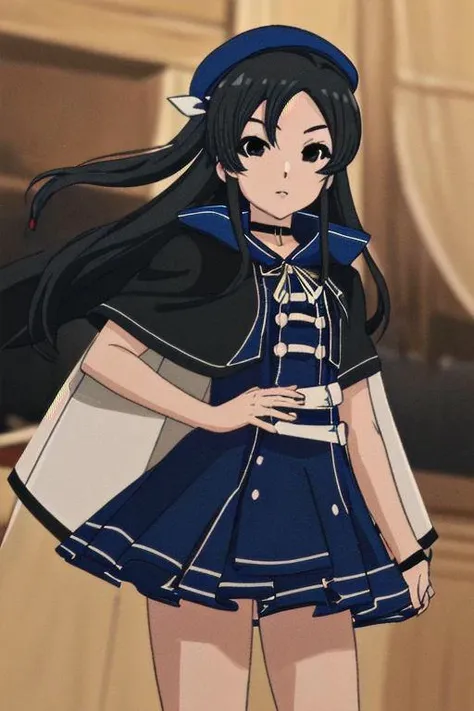 shizuka nanahoshi, long hair, black hair, (black eyes:1.5), sidelocks, jacket, hair ribbon, blue ribbon, choker, hat, layered dress, dress, blue dress, blue headwear, frills, cape,