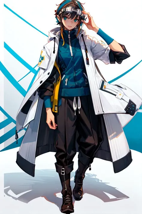 <lora:style_panamaman:1> (goggles on head, blue theme:1.3),, absurdres, ultra detailed, masterpiece, best quality, aesthetic, detailed,, ultra detailed, masterpiece, best quality, solo, smile, 1boy, green eyes, short hair, black hair, bangs, hair between eyes, messy hair, (goggles on head:1.2),, headband, white coat, hooded coat, hood down, open coat, turtleneck, capri pants, pants, black knee boots,