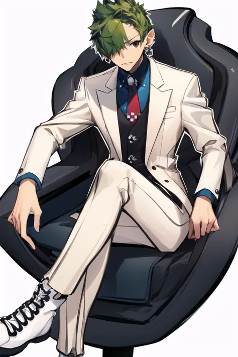 (masterpiece, best quality:1.2), <lora:style_panamaman_s4-20:1>, (thick outline:1.2), solo, male focus, 1boy, sitting in a chair, crossed legs, serious, short spiked hair, green hair, hair over one eye, white suit jacket, red necktie, white pants, black footwear, studded earrings