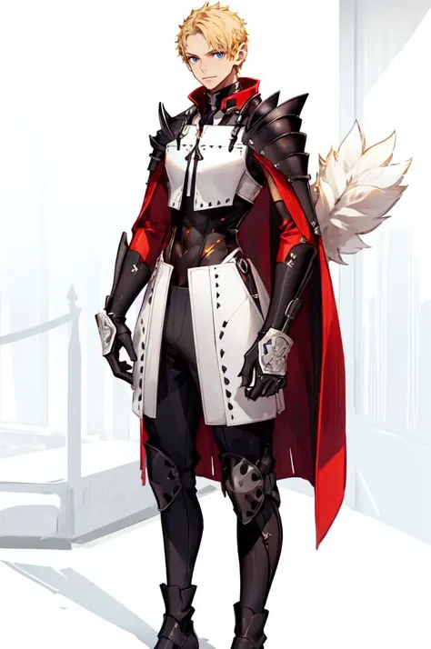 <lora:style_panamaman:1> red and white theme,, absurdres, ultra detailed, masterpiece, best quality, aesthetic, detailed,, solo, smile, 1boy, blue eyes, medium blonde hair, parted bangs, hair intakes, male focus, muscular male,, armor, pauldrons, cuirass, gauntlets, waist cape, greaves, black bodysuit, surcoat, shoulder sash, wing shoulder armor, cape, pants,