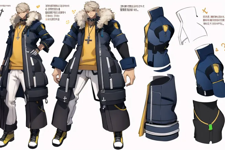 (masterpiece, best quality:1.2), <lora:style_panamaman_s4-20:1>, (thick outline:1.1), multiple views, reference sheet, solo, male focus, 1boy, serious, closed mouth, short grey hair, topknot, yellow eyes, thick eyebrows, coat, high collar, black pants, jewelry, cross necklace, earrings
