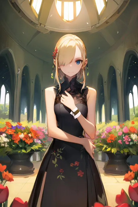 (masterpiece, best quality:1.2), <lora:style_panamaman-20:1>, (thick outlines, cinematic lighting:1.2), solo, 1girl, slight smile, closed mouth, blonde hair, hair over one eye, hair flower, hair ornament, grey eyes, sleeveless dress, landscape scenery, arch, flowers, tulips