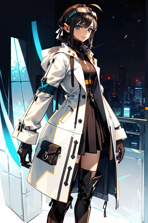 <lora:style_panamaman:1> (goggles on head, (blue theme:1.2),, absurdres, ultra detailed, masterpiece, best quality, aesthetic, detailed,, katya1, solo, smile, 1girl, aqua eyes, black hair, <lora:low_ponytail-1.0:0.7> low ponytail, ahoge, absurdly long hair, very long hair, hair flaps, hair between eyes, bangs, crossed bangs, messy hair, small breasts, goggles on head, closed mouth,, hooded coat, open coat, turtleneck, pants, black knee boots, multiple straps, white coat, layered clothes, hair ribbon, pants under skirt,