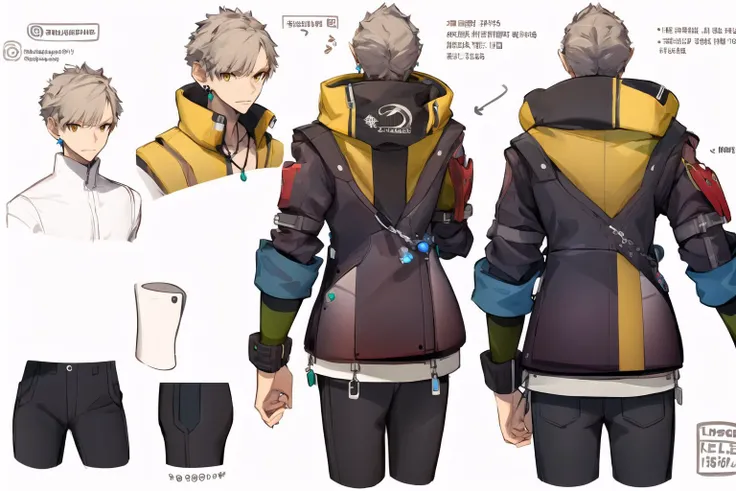 (masterpiece, best quality:1.2), <lora:style_panamaman_s4-20:1>, (thick outline:1.1), multiple views, reference sheet, solo, male focus, 1boy, serious, closed mouth, short grey hair, topknot, yellow eyes, thick eyebrows, coat, high collar, black pants, jewelry, cross necklace, earrings